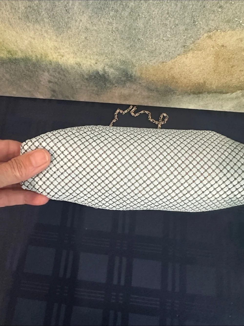 Vintage Silver-White Mesh Evening Clutch with Chain